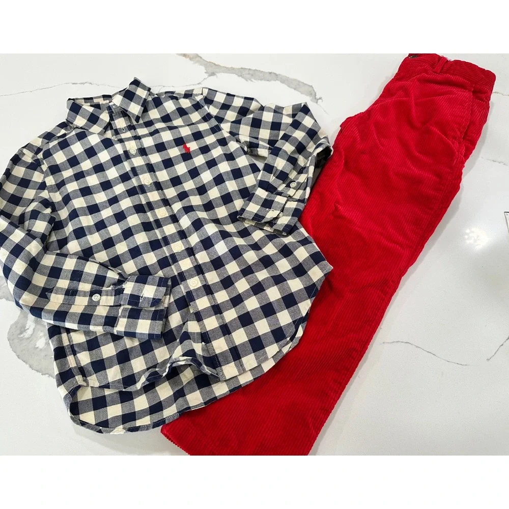 Polo Ralph Lauren Boys 8 Gingham Shirt Red‎ Corduroy Pants Set Navy